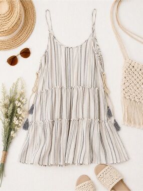 Kiwi + Punch Striped Tassel Babydoll Tank Top Size Large Boho Beachy